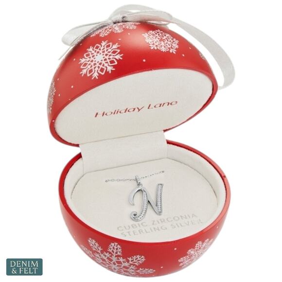 Holiday Lane Sterling Silver Cubic Zirconia Initial N Necklace Ornament Box NEW - Picture 1 of 9